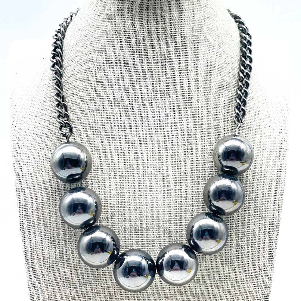 Vintage Gunmetal Graduated Bead Necklace Statement Fashion Jewelry Chunky